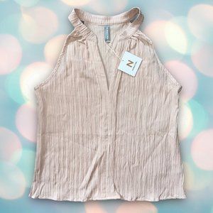 Noracora Women’s Cream Beige Sleeveless Pleated Flowy V-Neck Blouse Top Size S